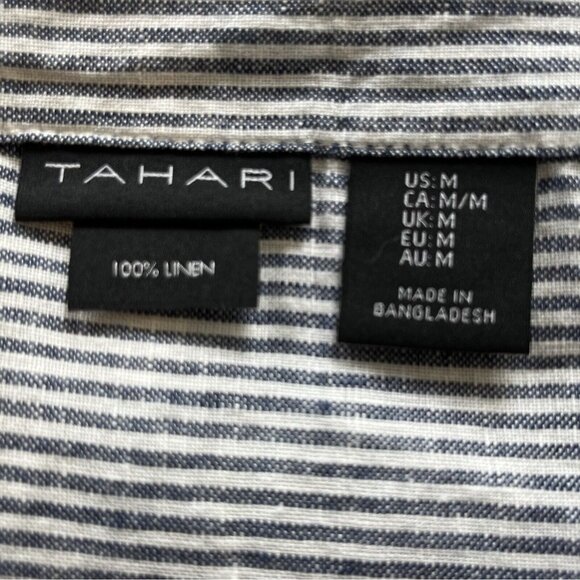 Tahari Linen Shirt Blouse Womens Medium Blue White Stripes - Picture 5 of 6